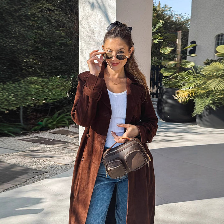 Damen Elegante Langzeit-Trenchcoat aus weichem Wildleder Drune