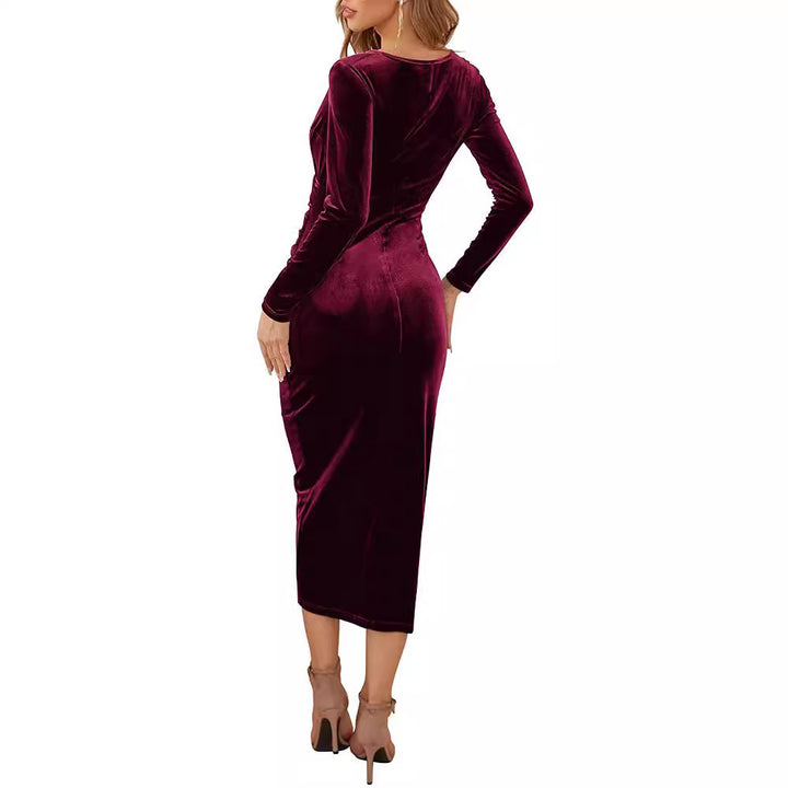 Damen Wickelkleid aus kuscheligem Samt mit Raffungen und langem Arm Drune