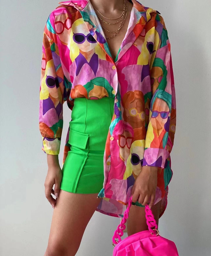 Damen Transparente Bluse mit buntem Grafikdesign und oversized Schnitt Drune