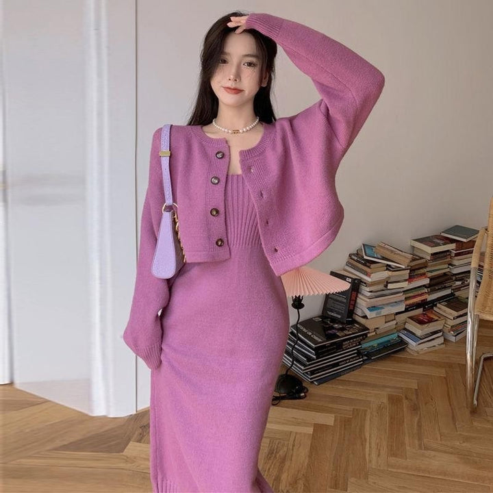 Damen Strickkleid mit passendem Cardigan und Knopfdesign Drune