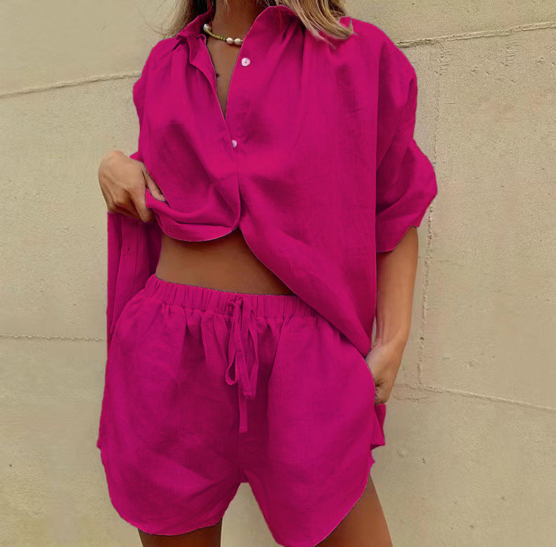 Damen lässiges Leinenhemd mit Shorts-Set Drune