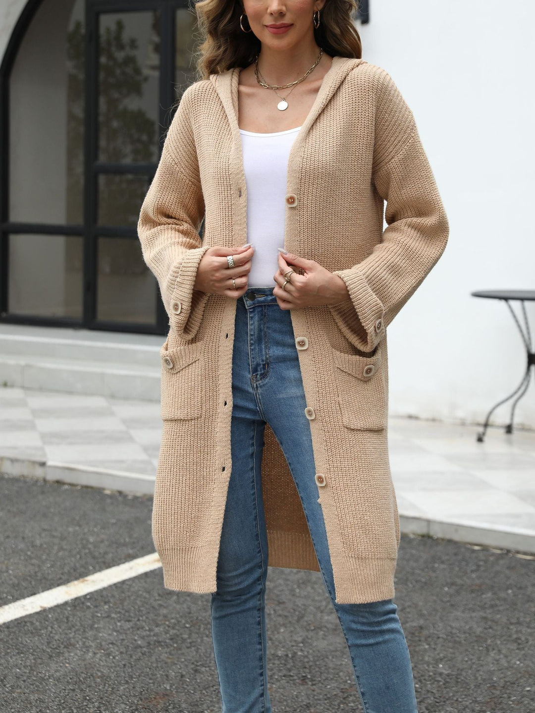 Drune | Lange Strickjacke Kapuze und Knopverschluss Lässiger Komfort