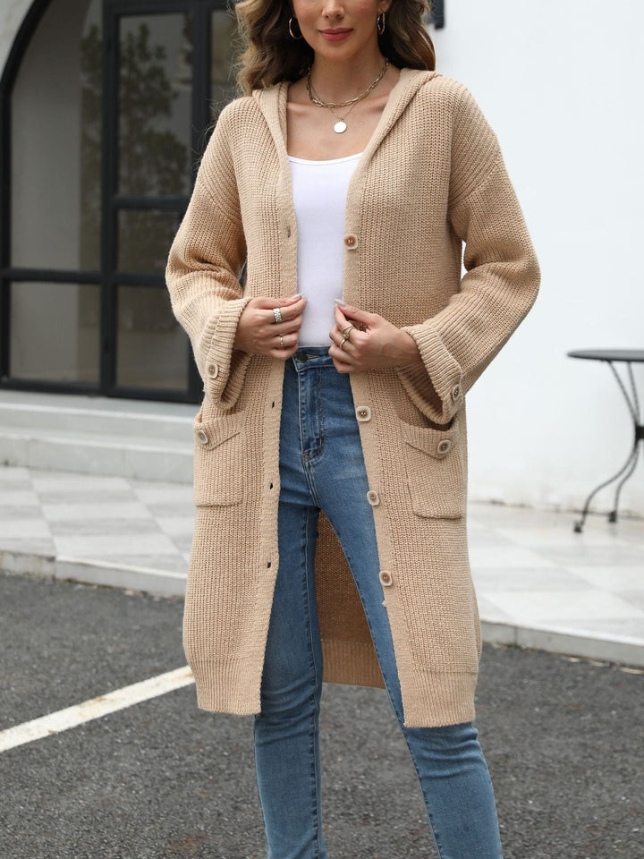 Drune | Lange Strickjacke Kapuze und Knopverschluss Lässiger Komfort