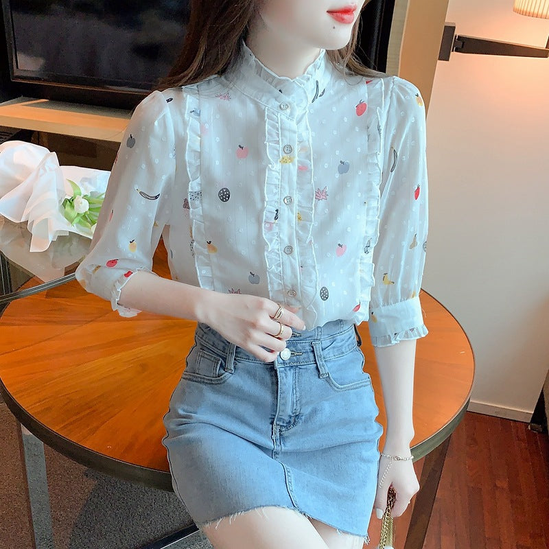 Damen Bluse mit floralem Design und gerafften Ärmeln Drune