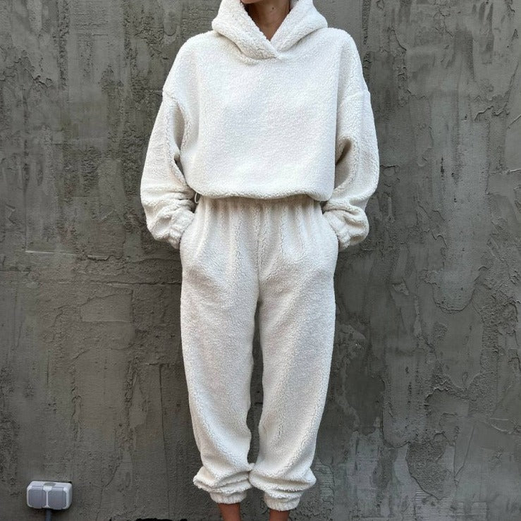 Damen Fleece-Loungewear-Set mit elastischem Bund und hohem Kragen Drune