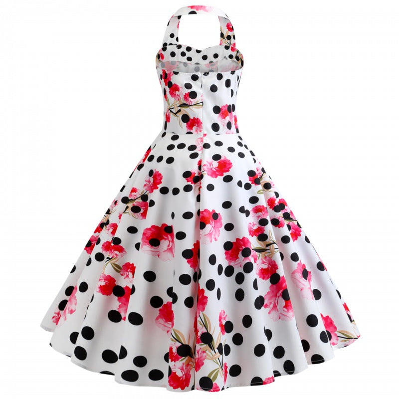 Damen Retro Swingkleid mit floralem Muster und Punkten Drune