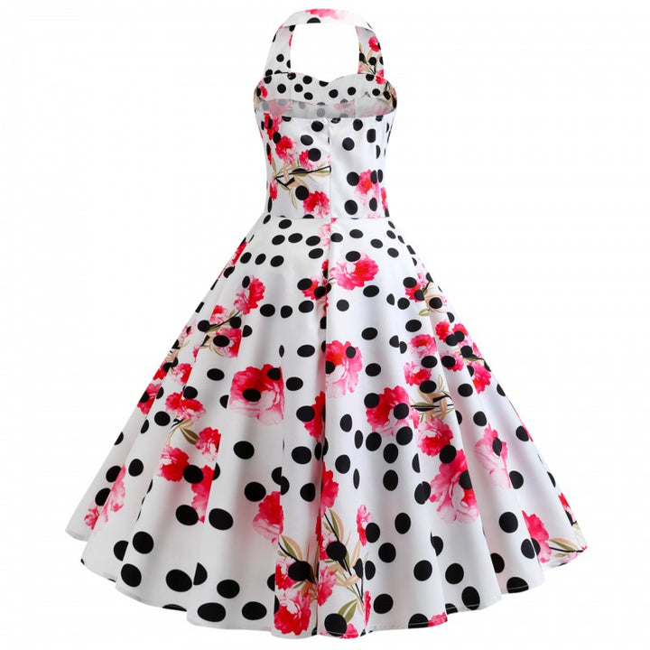 Damen Retro Swingkleid mit floralem Muster und Punkten Drune