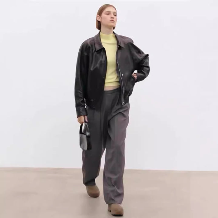 Damen Lässige Kunstlederjacke mit voluminösen Ärmeln Drune
