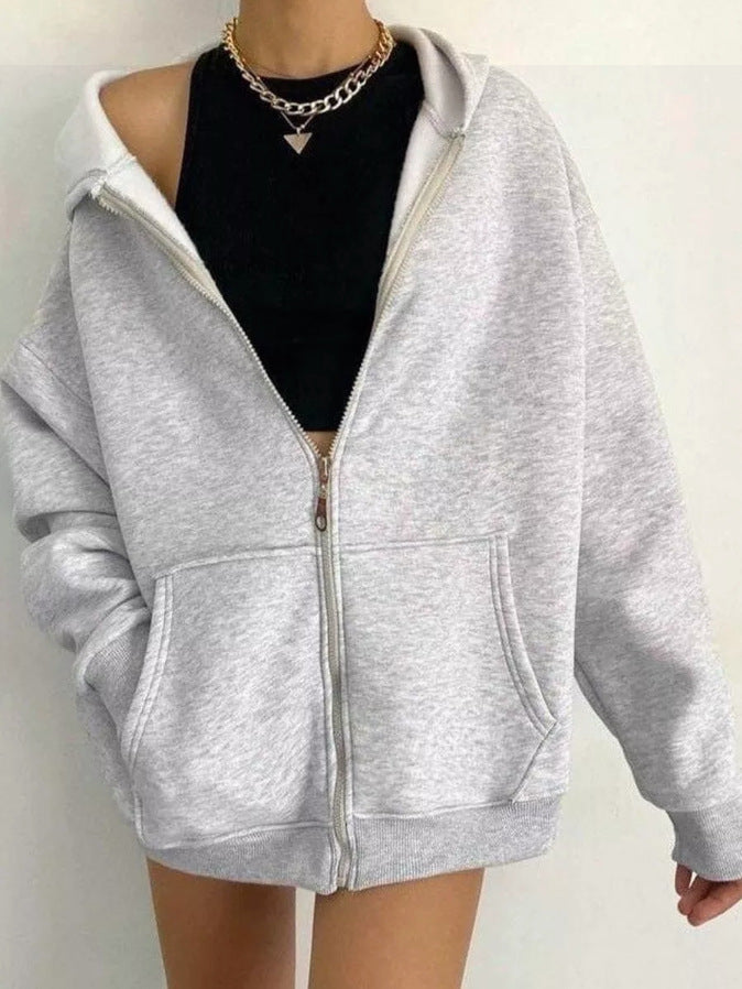 Damen nan minimalistisches French-Terry Zip-Hoodie mit durchgehendem Reißverschluss, Kängurutasche und Daumenloch-Ärmeln Drune