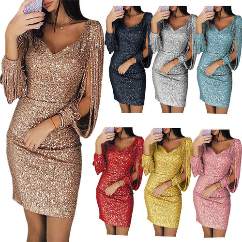 Damen Glitzerndes Cocktailkleid mit tiefem V-Ausschnitt und schwingenden Ärmeln Drune