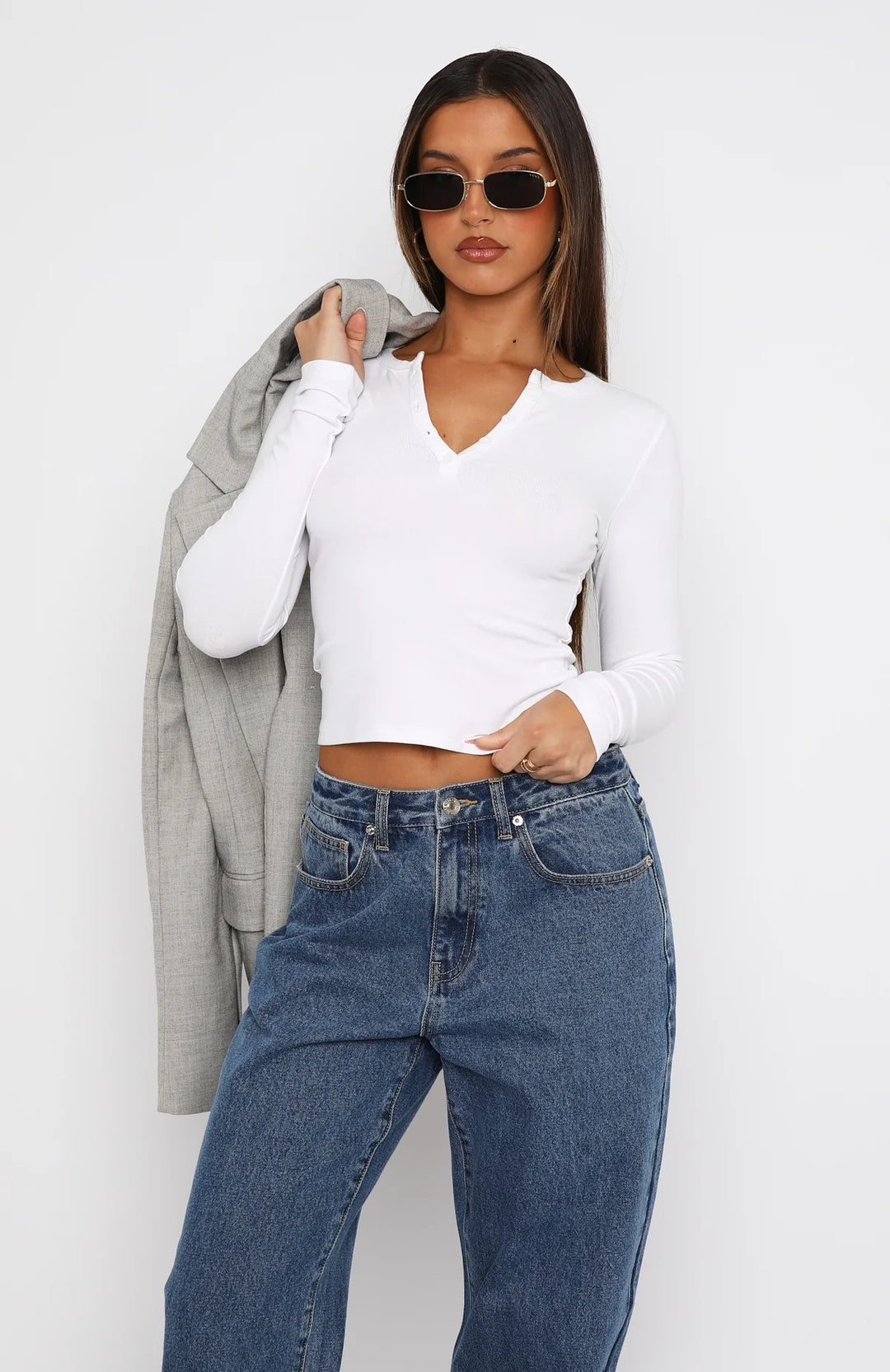 Damen Langarm Crop-Top mit eleganter V-Öffnung und figurbetontem Schnitt Drune