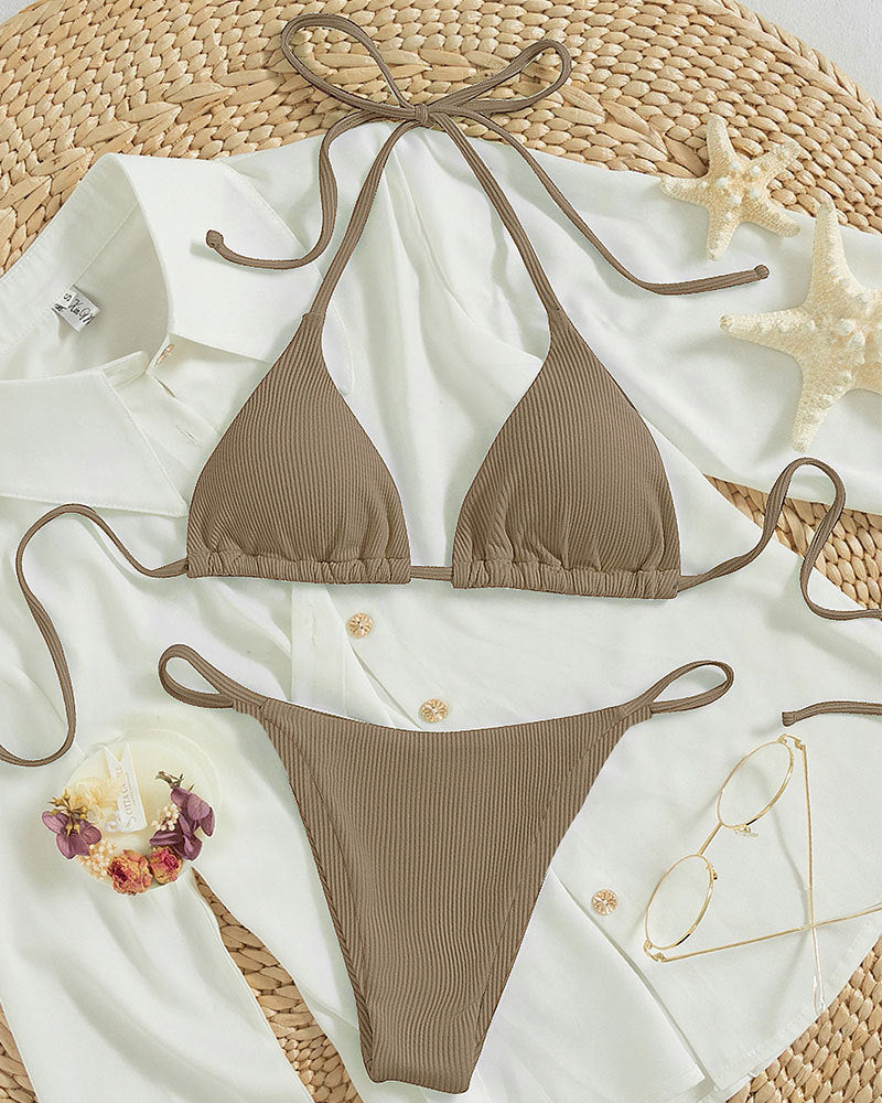 Damen Triangel-Bikini mit anpassbaren Bindebändern und modischem Ripp-Design Drune