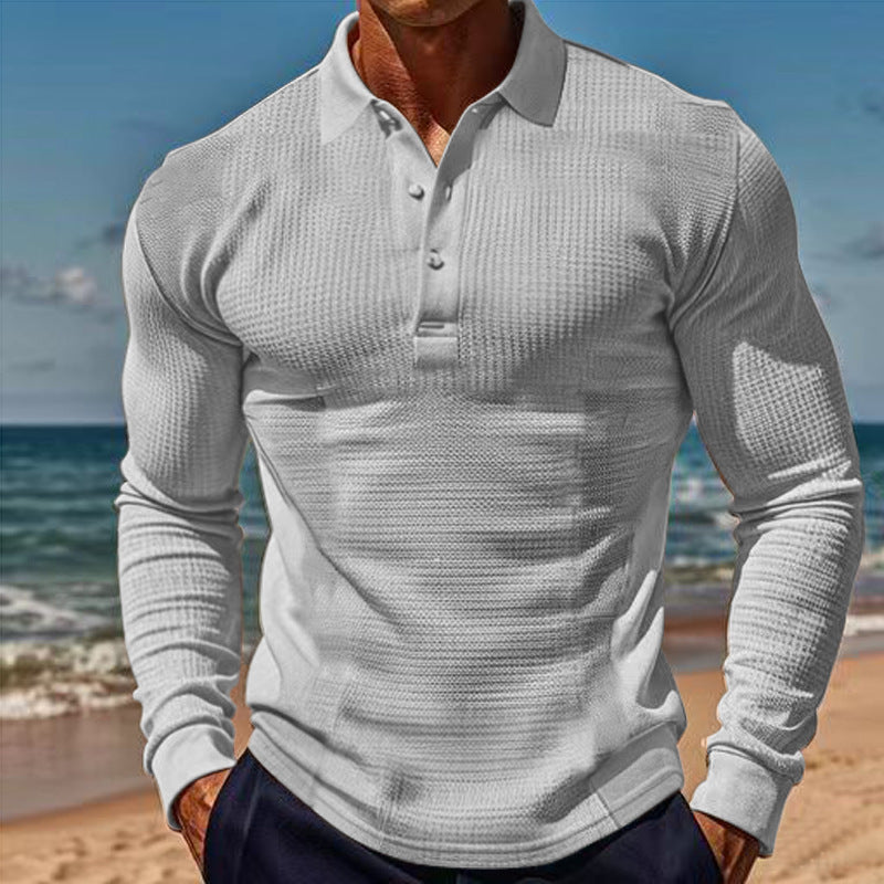 Herren nan körperbetontes Langarm-Henley-Poloshirt aus feiner Rippenstruktur Drune
