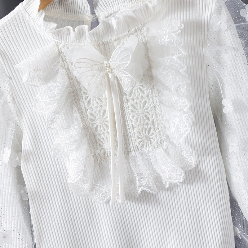 Mädchen Rüschenbluse mit floralen Applikationen und transparenten Ärmeln Drune