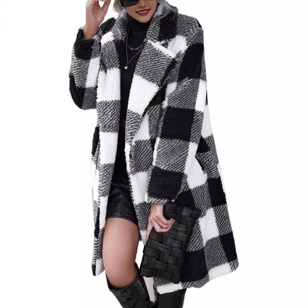 Drune | Damen Langmantel – Oversized Fit – Plüsch Sherpa – Karomuster – Reverskragen