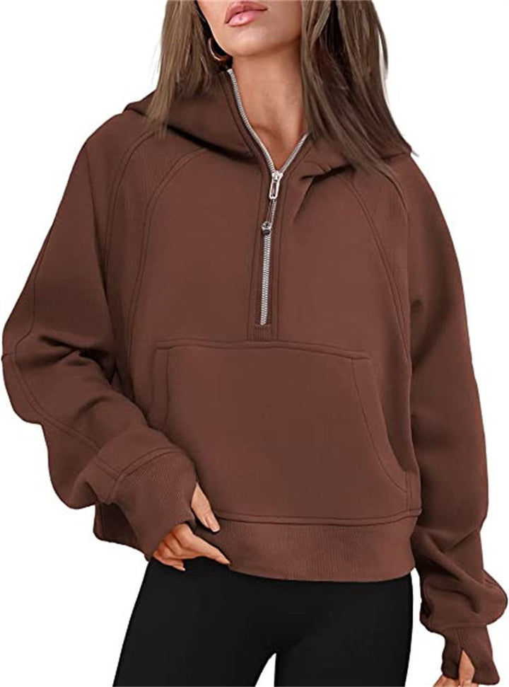 Damen Kapuzenpullover mit halbem Reißverschluss und praktischer Kängurutasche Drune