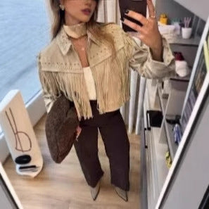 Damen modische Fransenjacke mit steinverziertem Kragen Drune