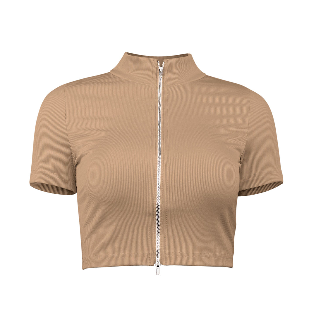 Damen sportliches Kurzarm-Top mit elegantem Reißverschluss Drune