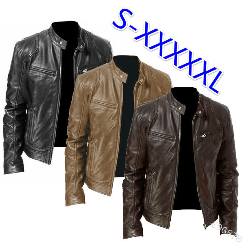 Herren nan vintage-inspirierte Lederjacke im Bikerstil mit Stehkragen und sichtbaren Reißverschlüssen Drune