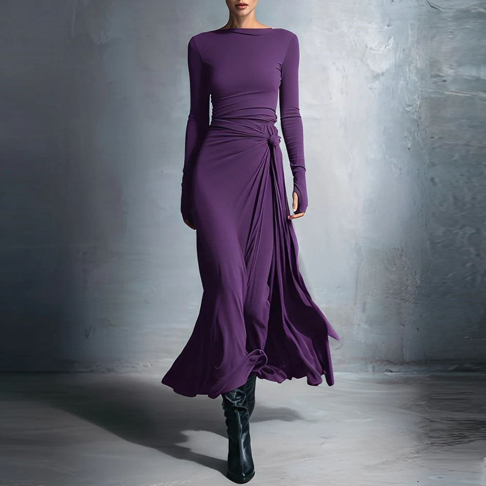 Damen elegantes Abendkleid mit langem Arm und Wickeldesign Drune