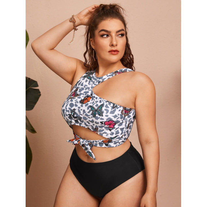 Damen Cut-Out Bikini mit modischem Blütenmuster und hohem Taillen-Slip Drune