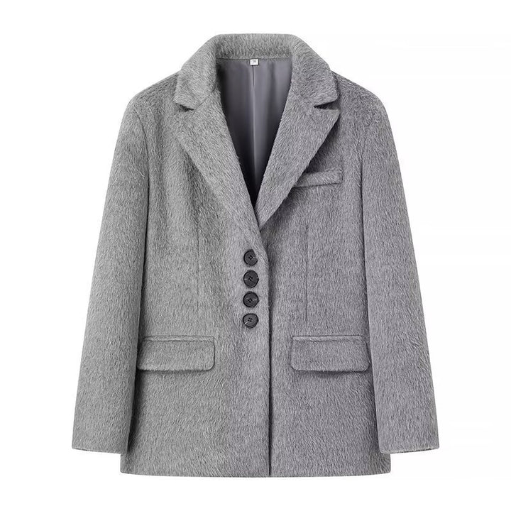 Damen elegante Blazerjacke mit weichem Fell und dekorativen Knopfdetails Drune