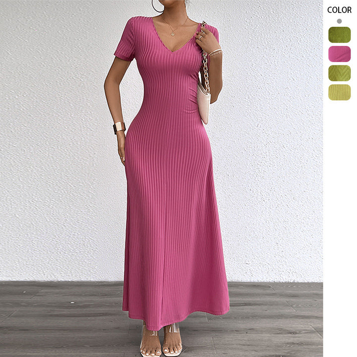 Damen Langarm Maxikleid mit elegantem V-Ausschnitt und Rippstruktur Drune