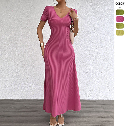 Damen Langarm Maxikleid mit elegantem V-Ausschnitt und Rippstruktur Drune