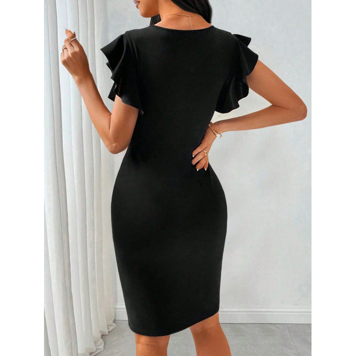 Damen Etuikleid mit transparentem Dekolleté und Rüschendetails Drune