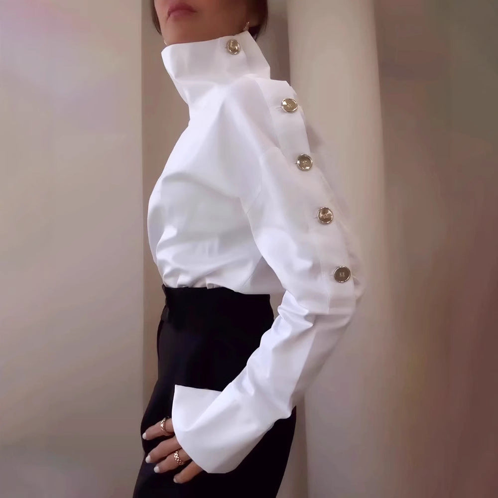 Damen Bluse mit eleganten Knopfdetails und hohem Kragen Drune