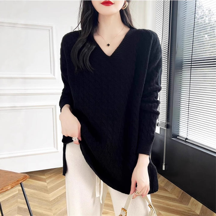 Damen V-Ausschnitt Pullover mit charakteristischem Zopfmuster und lässigem Schnitt Drune