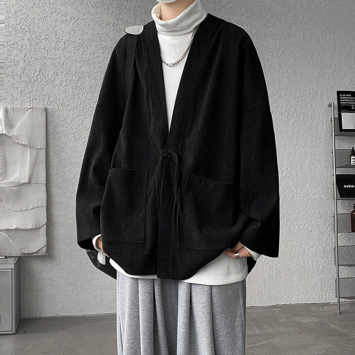 Herren nan oversized Cord-Kimono-Cardigan mit Kordelzug, aufgesetzten Taschen und Tropfenärmeln Drune