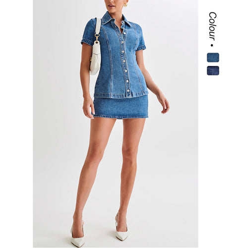 Damen Jeanskleid mit knöpfbarem Kragen und eng anliegendem Rock Drune