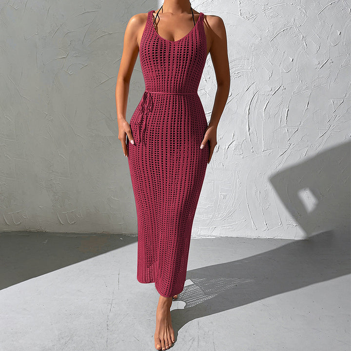 Damen Häkel-Maxikleid mit tiefem Schlitz und eleganten Details Drune