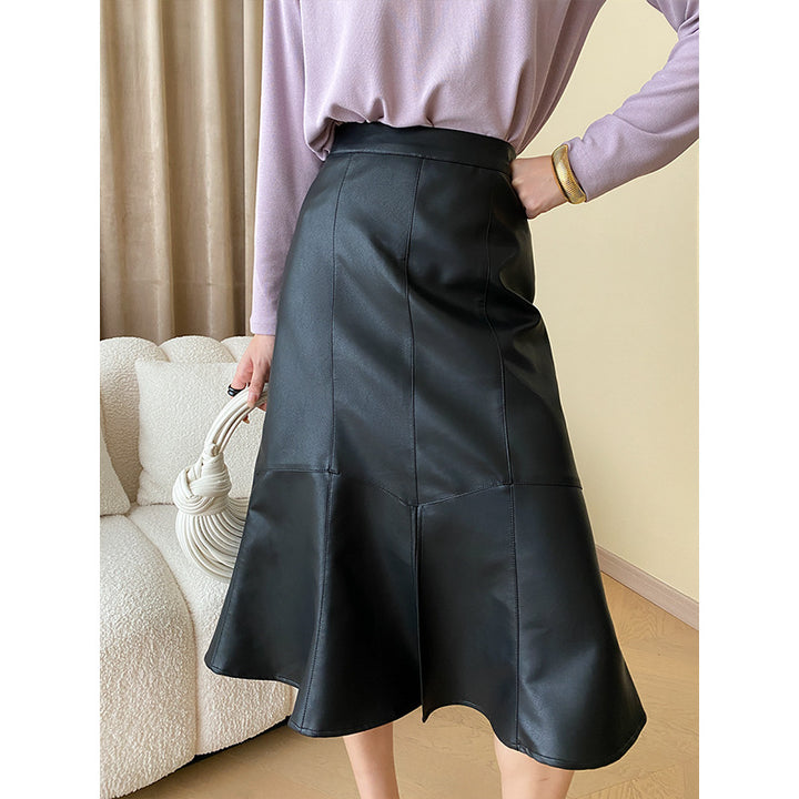 Damen Eleganter Lederrock mit ausgestelltem Schnitt Drune