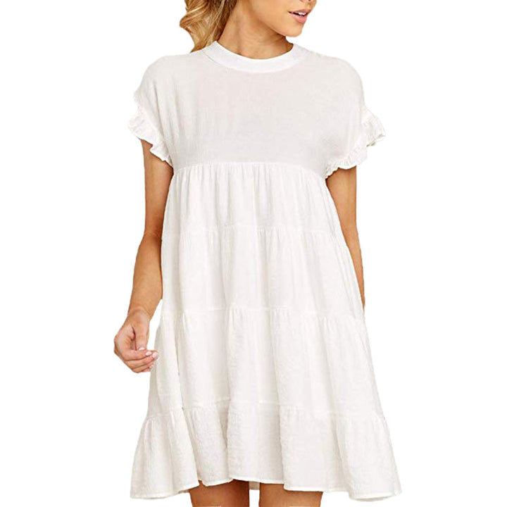 Damen luftiges Kurzarm Kleid mit Rüschendetails und fließendem Schnitt Drune