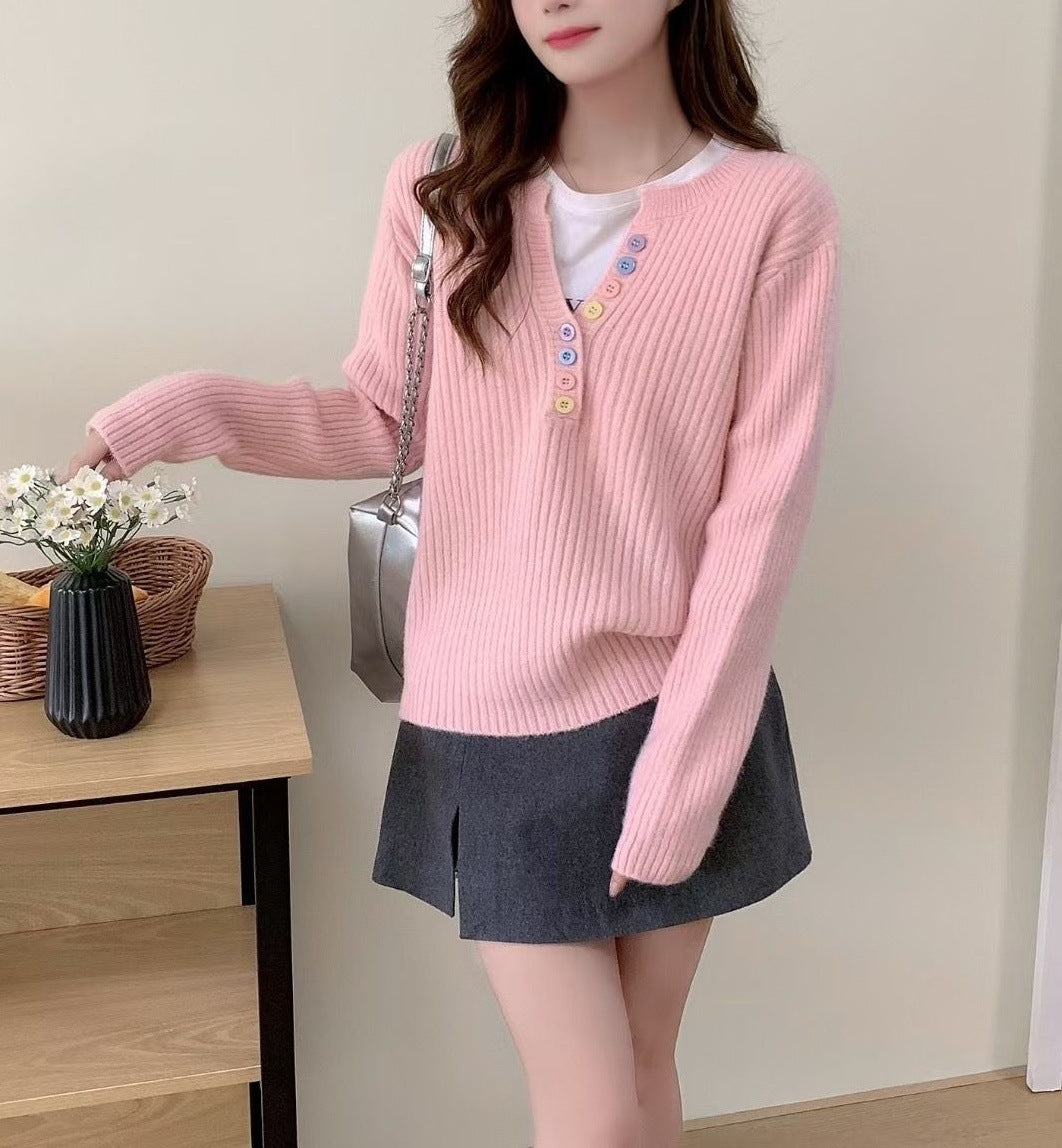 Damen Kuschel-Pullover mit Knopfleiste und Rundhalsausschnitt Drune