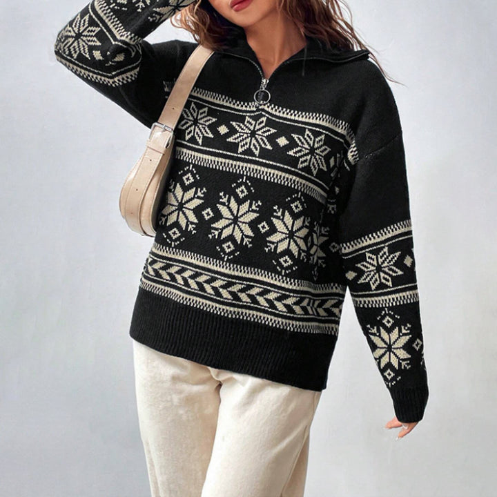 Damen Winterpullover mit modernem Schneeflocken-Design und hohem Kragen Drune