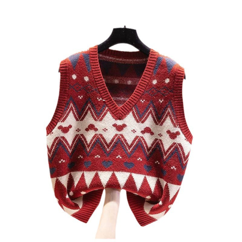 Damen Strickweste mit V-Ausschnitt und geometrischem Muster Drune