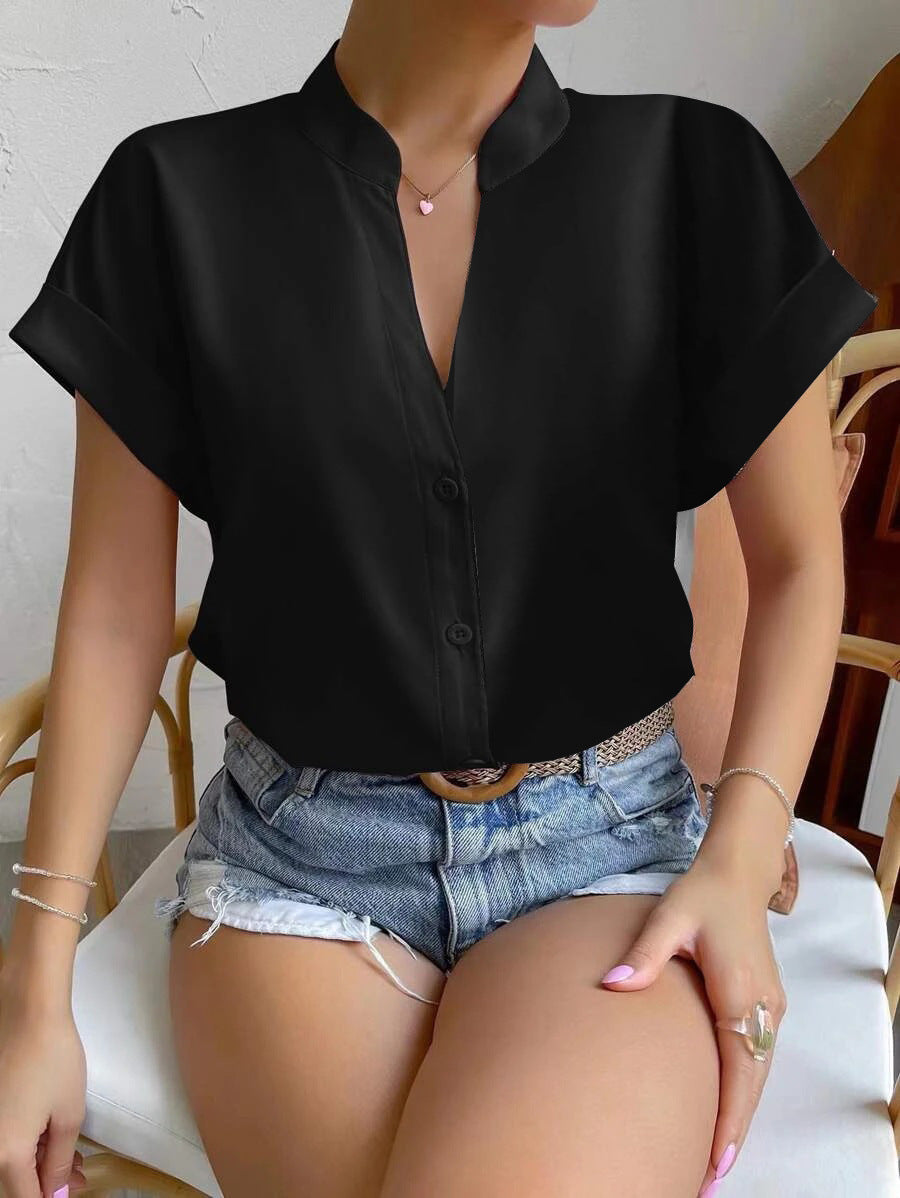 Damen Elegante Kurzarmbluse mit Stehkragen und subtilen Knopfdetails Drune