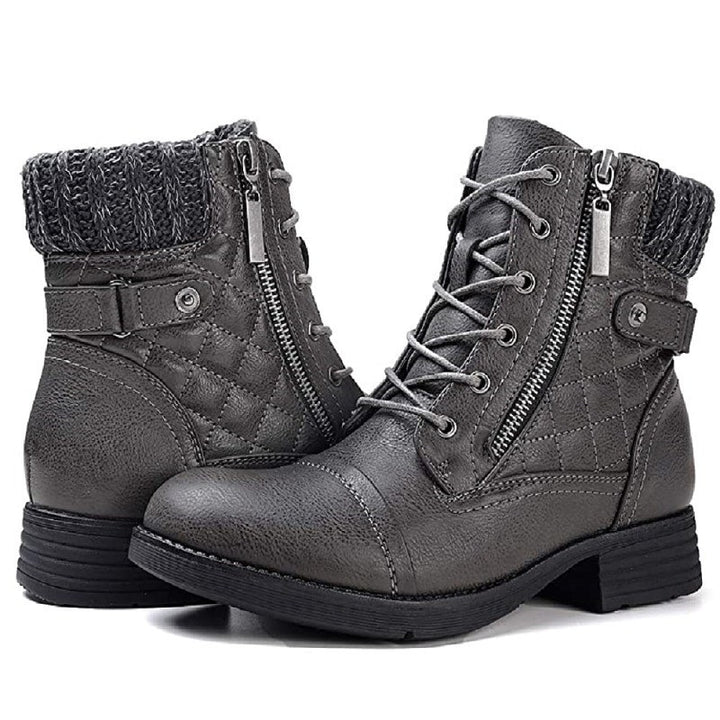 Damen nan gequiltete Schnür-Bikerboots mit seitlichem Reißverschluss, gepolstertem Schaft und robustem Profilsohle Drune