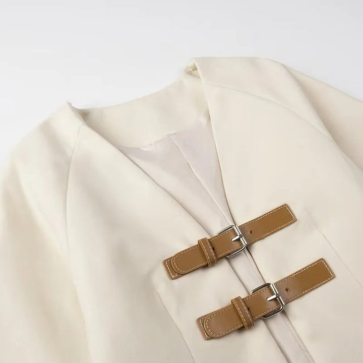 Damen elegante Kurzjacke mit praktischen Schnallenverschlüssen Drune