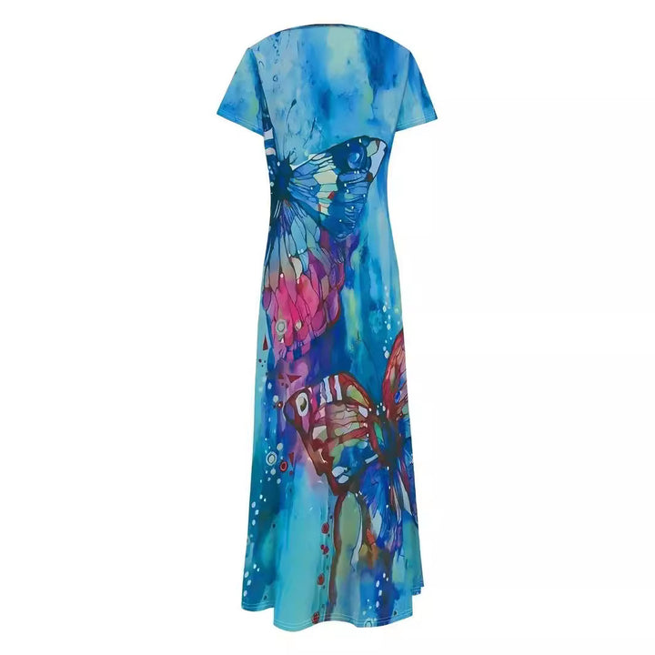 Damen Maxikleid mit floralen Schmetterlingsmotiven und weich fließendem Stoff Drune
