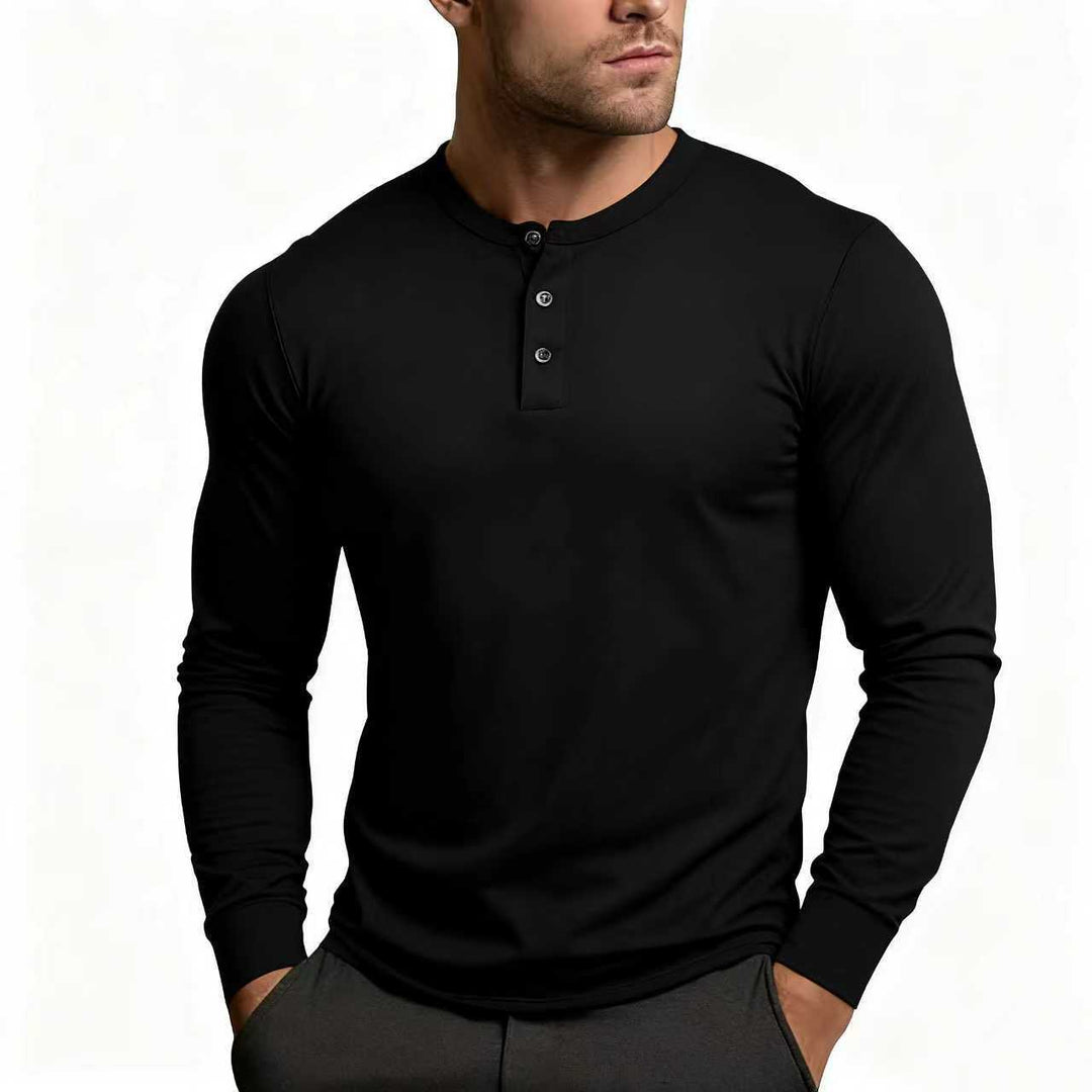 Herren nan tailliertes Langarm-Henley-Shirt aus Baumwollmix mit Knopfleiste Drune