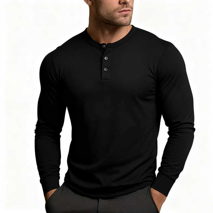 Herren nan tailliertes Langarm-Henley-Shirt aus Baumwollmix mit Knopfleiste Drune