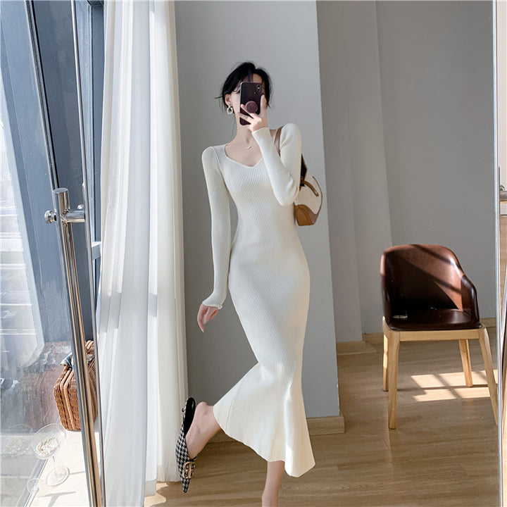Damen_maximaler_Rippenstrick_Midi-Kleid_Drune