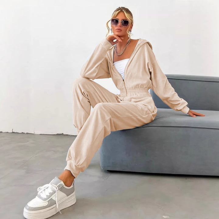 Damen Velours-Jumpsuit mit Kapuze und elastischem Bund Drune