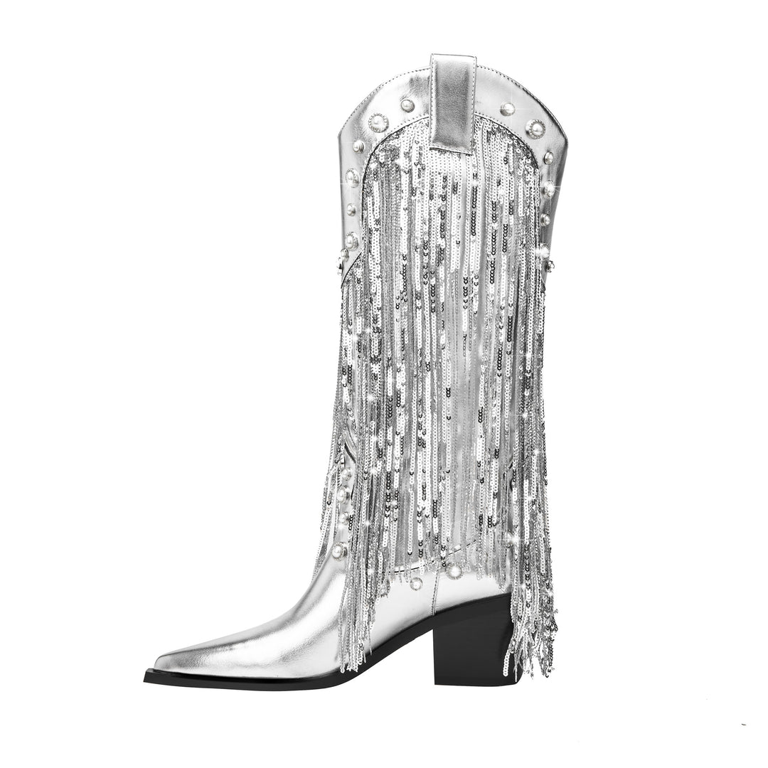 Damen Western-inspirierte Fransen-Detail Knielange Stiefel Drune