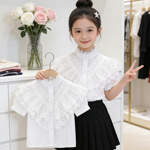Mädchen elegante Rüschenbluse mit Spitzenbesatz Drune