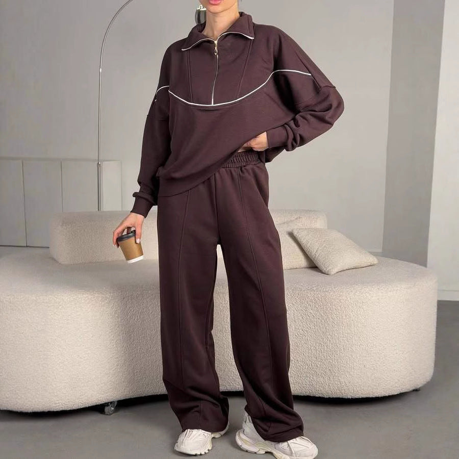 Damen sportliches Sweat-Set mit Reißverschluss und weit geschnittenen Hosen Drune